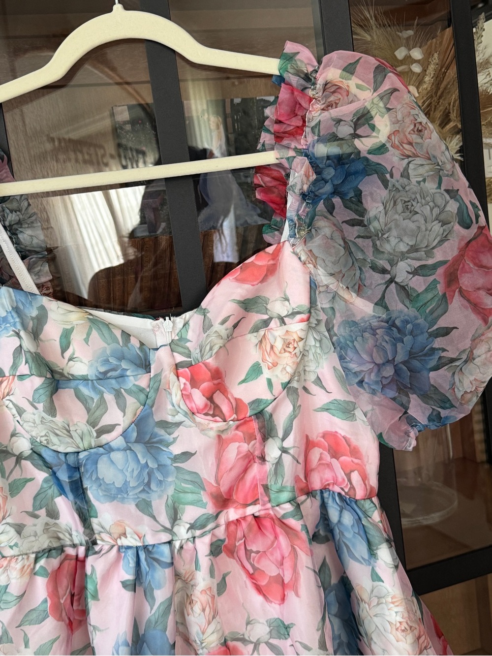 Babydoll mini dress Organza puff short sleeve selkie floral print sweetheart - Picture 6 of 8